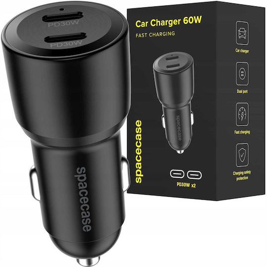 Spacecase Încărcător Auto 60W Încărcare Rapidă cu Porturi: 2xType-C Negru Culoare