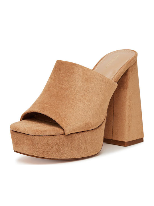 Damen Pantoletten mit Chunky Hoch Absatz in Beige Farbe