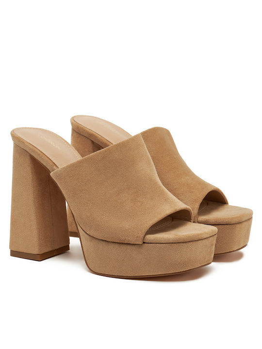 Damen Pantoletten mit Chunky Hoch Absatz in Beige Farbe
