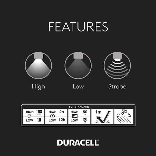 Duracell Φακός LED IPX4 με Μέγιστη Φωτεινότητα 150lm