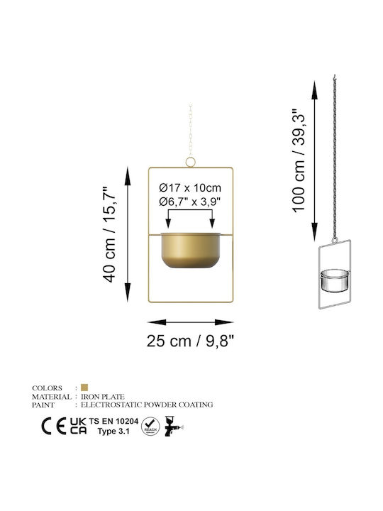 Aberto Design Hängend Übertopf Metall Gelb 25x25x40εκ.