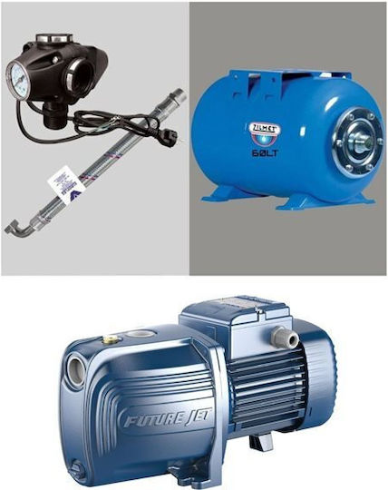 Pedrollo MONTAGE JSWm 2CX + Einphasig Wasserdruckpumpe mit Horizontal Behälter 60 Liter 1hp