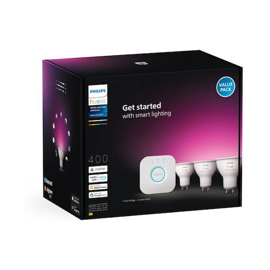 Philips Hue Weiß Farbambiance Starter Kit Bridge + Gu10 Intelligente Spot 3er Pack
