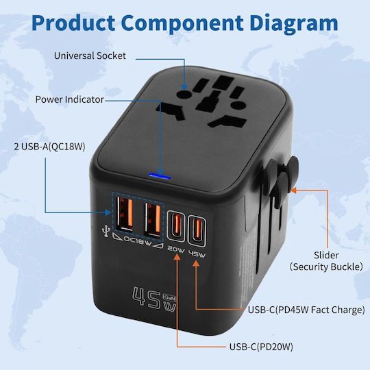 Steckdosenadapter von England auf Universal mit 4 USB-Anschlüssen