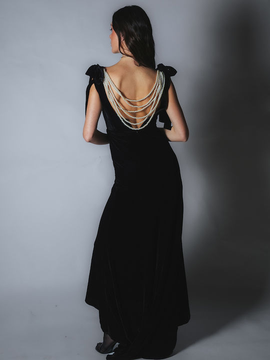 Maxi Evening Dress Velvet Draped with Ruffle Black
