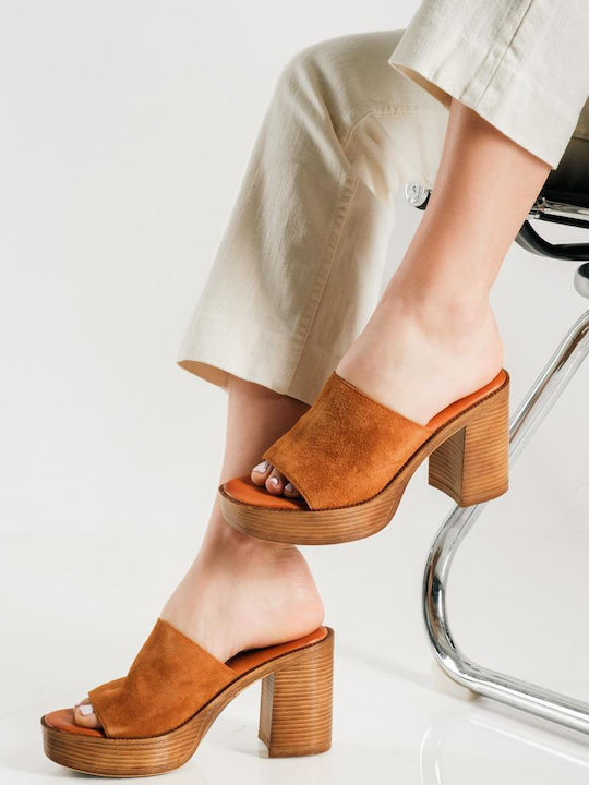 Suede Mules με Τακούνι σε Ταμπά Χρώμα
