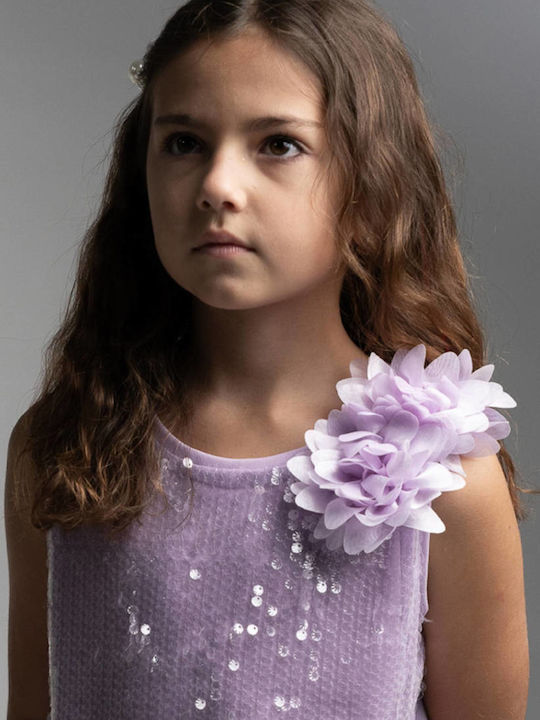 Girls Dress Sleeveless with Sequins Floral Lilac