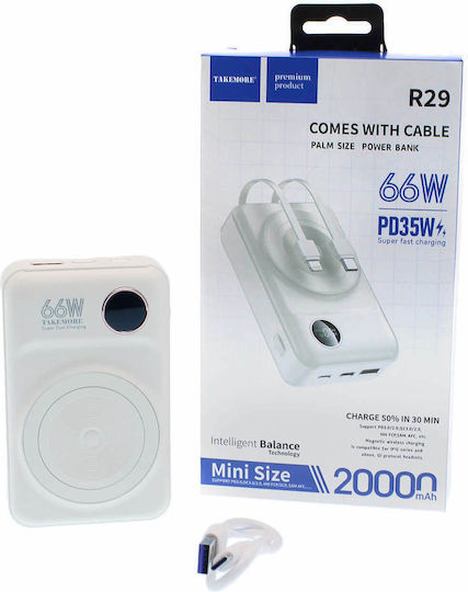 Takemore R29 Power Bank 20000mAh 66W with USB-A Port and USB-C Port White