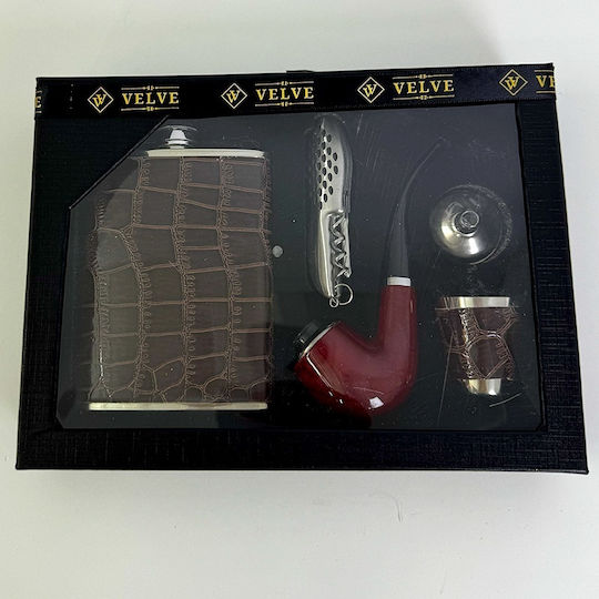 Set Cadou Bărbați Velve Ploscă Pipă Pâlnie Pahar Cuțit de Buzunar În Cutie Elegantă