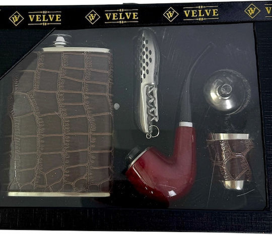 Set Cadou Bărbați Velve Ploscă Pipă Pâlnie Pahar Cuțit de Buzunar În Cutie Elegantă