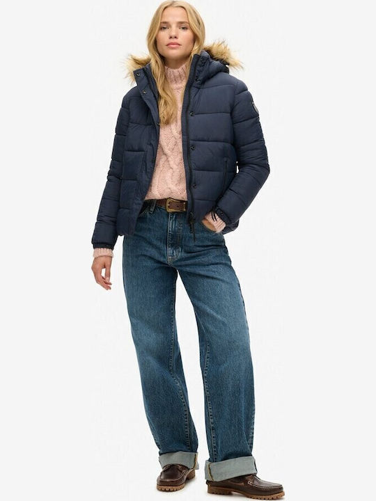 Short Women's Puffer Jacket for Winter Navy Blue