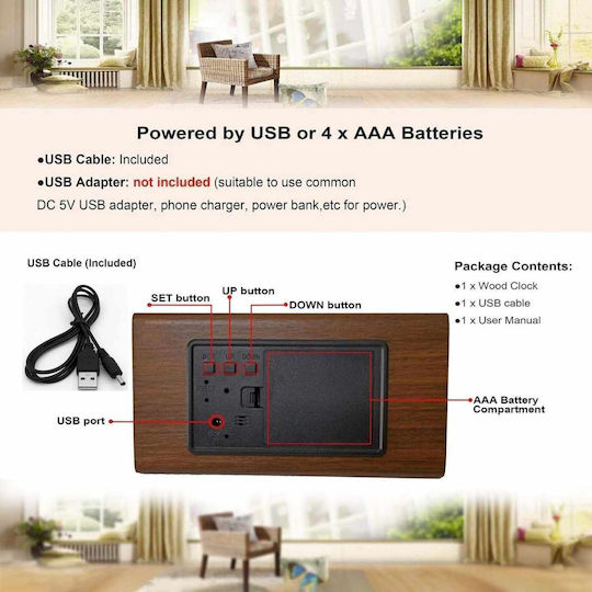 Uncle George Wooden Digital LED Table Clock with Alarm Brown 01.06.04-0005-BRWN (Various Colors)