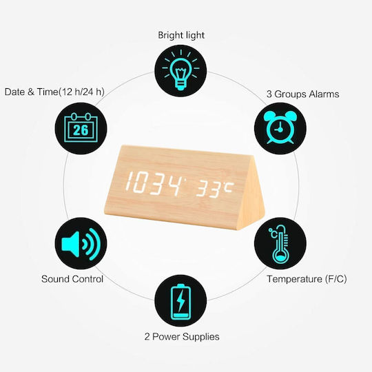Uncle George Wooden Digital LED Table Clock with Alarm Beige 01.06.04-0005-MPEZ (Various Colors)