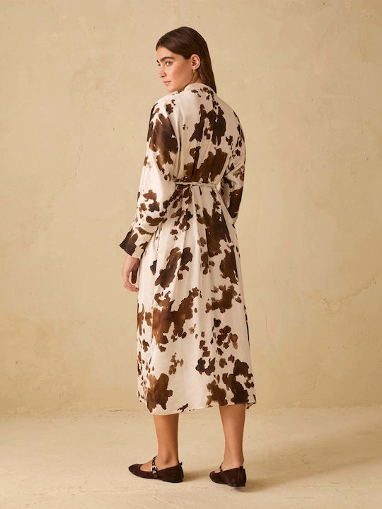 Midi Shirt Dress Satin Ecru/Brown