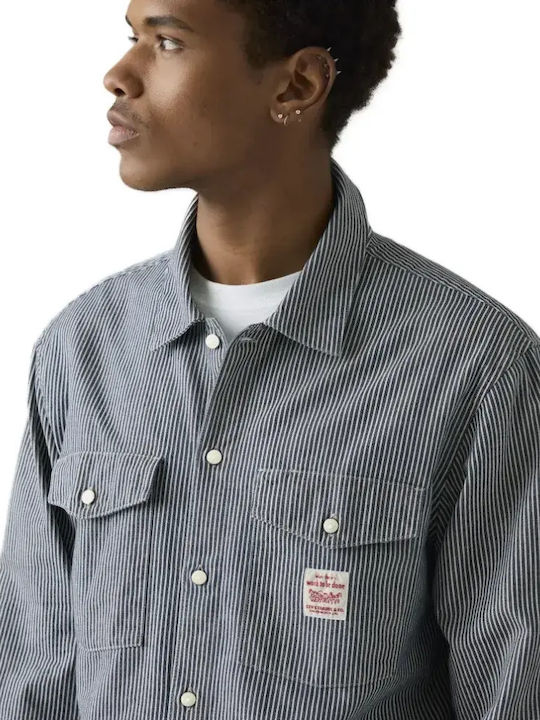 Worker Long Sleeve Denim Overshirt With Wide Line Striped Dark Wash