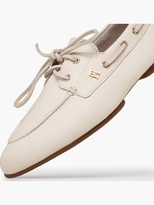 Leather Women's Boat Shoes in Beige Color