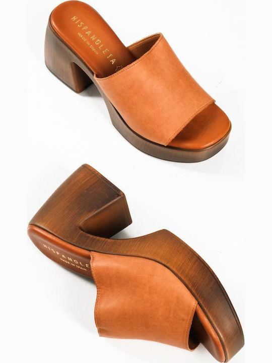 Mules with Chunky Heel in Tabac Brown Color