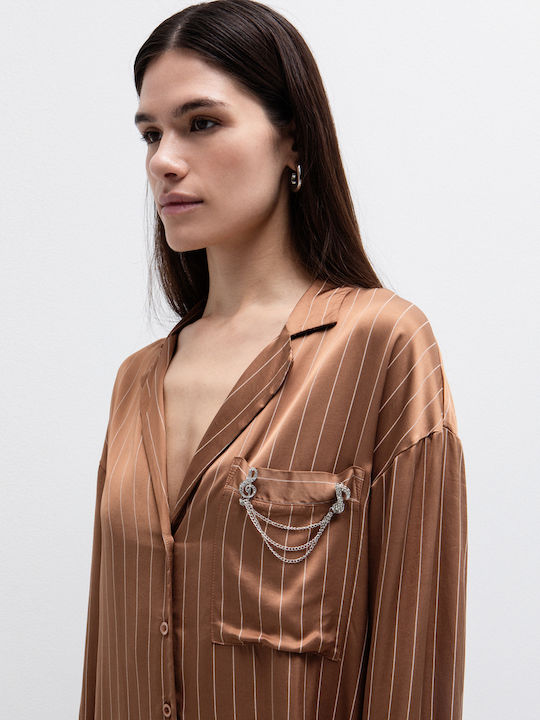 Women's Satin Striped Long Sleeve Shirt Brown