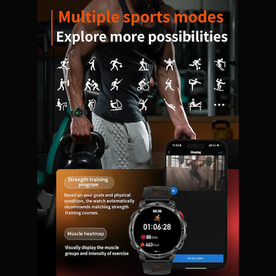 Microwear HT33 Smartwatch with Heart Rate Monitor (Black & Orange Silicone)