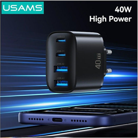 Usams Charger Without Cable with 2 USB-A Ports and 2 USB-C Ports 40W Power Delivery Blacks (T70)