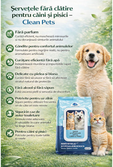 Clean Pets Хипоалергенни Мокри Кърпички За Кучета Котки 50 Броя