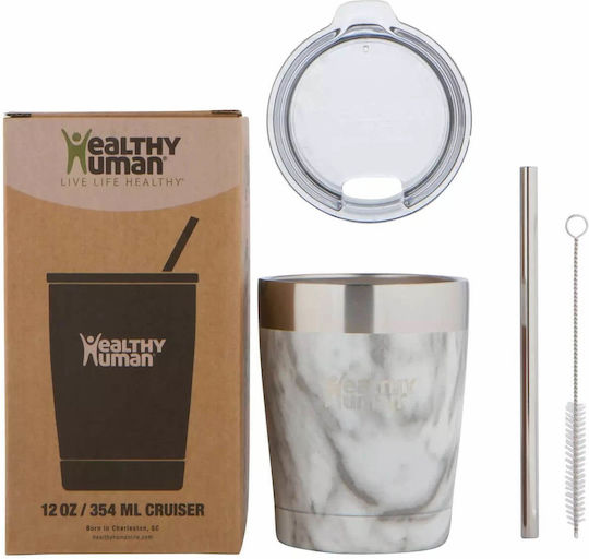 Healthy Human Glass Thermos Stainless Steel 354ml Stone White with Straw
