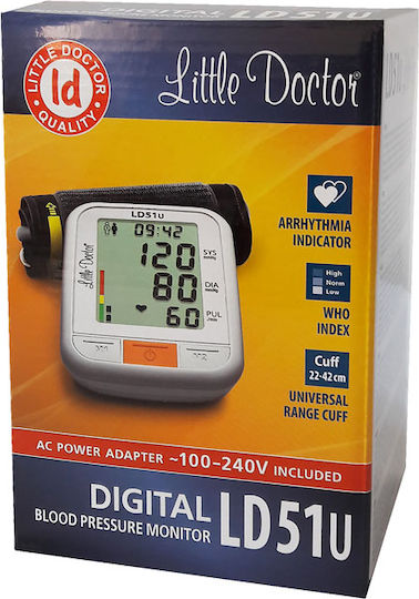 Little Doctor Ld 51u Tensiometru Electronic de Braț Manșetă 22 42 Cm Indicator OMS Adaptor de Alimentare Inclus Alb Gri