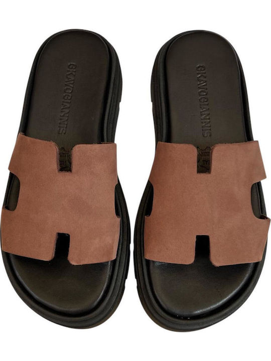 Leather Women's Flat Sandals Flatforms in Brown Color