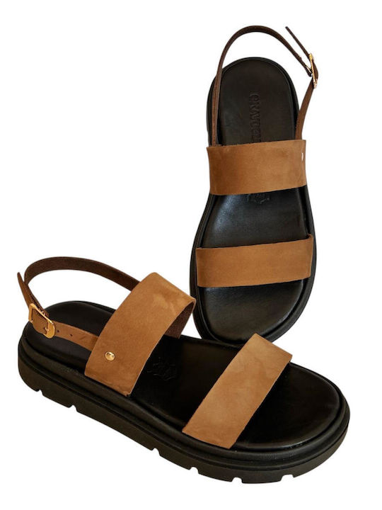 Leather Women's Flat Sandals Flatforms in Tabac Brown Color