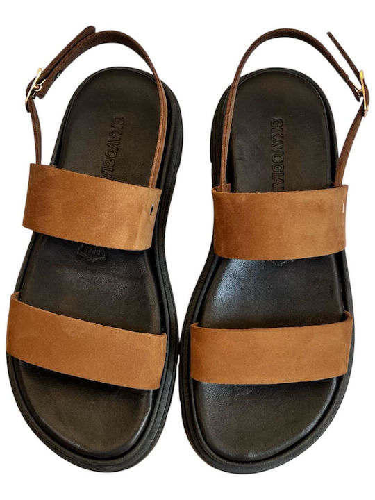 Leather Women's Flat Sandals Flatforms in Tabac Brown Color