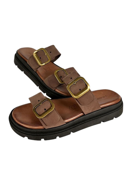 Leather Women's Flat Sandals Flatforms in Tabac Brown Color