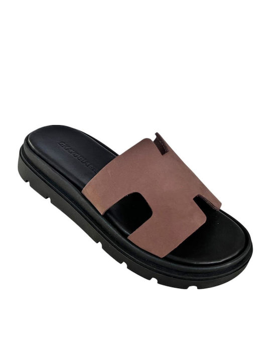 Leather Women's Flat Sandals Flatforms in Brown Color