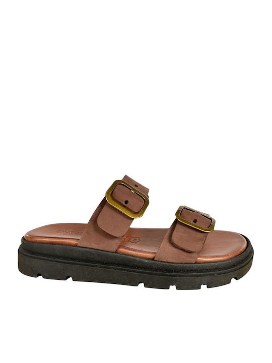 Leather Women's Flat Sandals Flatforms in Tabac Brown Color