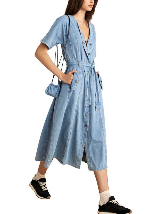 Καλοκαιρινό Midi Σεμιζιέ Φόρεμα Τζιν Light Blue