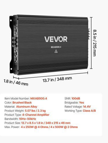Vevor Car Audio Amplifier 4-channel Bridgeable Car Amplifier Multichannel Class Ab Stereo Amp Max 4 X 250w At 4 Ohms 4 X 500w At 2 Ohms High Output Suvs Pickups Off-road Vehicles