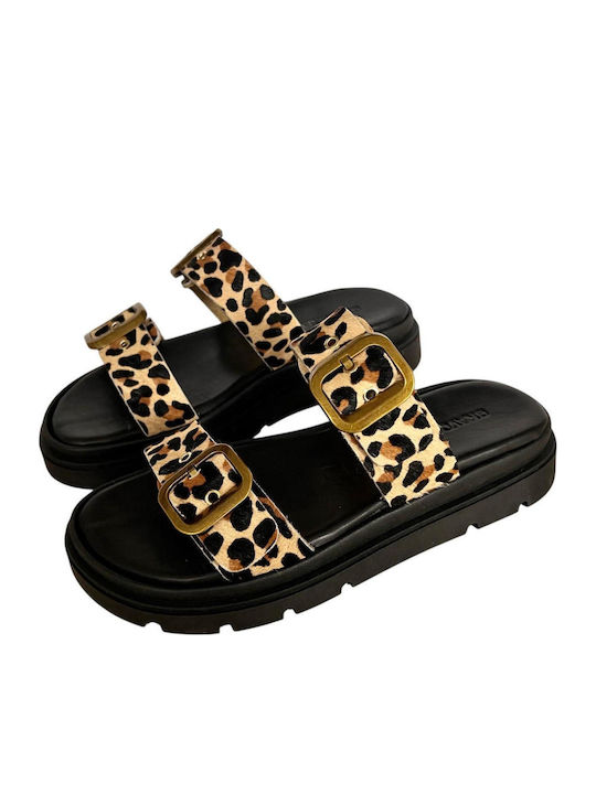 Leather Women's Flat Sandals Flatforms in Brown Color