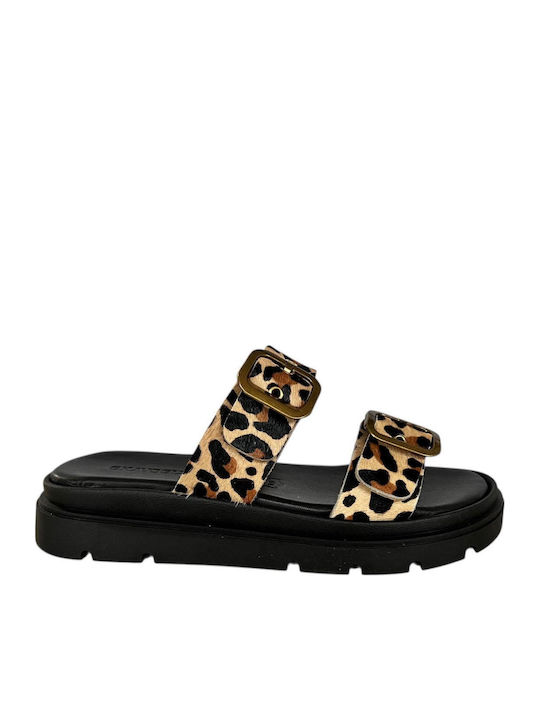 Leather Women's Flat Sandals Flatforms in Brown Color