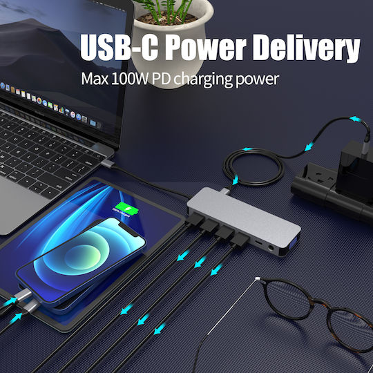 Luvlu USB-C Docking Station με HDMI 4K PD Ethernet και σύνδεση 2 Οθονών Γκρι