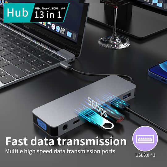 Luvlu USB-C Docking Station με HDMI 4K PD Ethernet και σύνδεση 2 Οθονών Γκρι