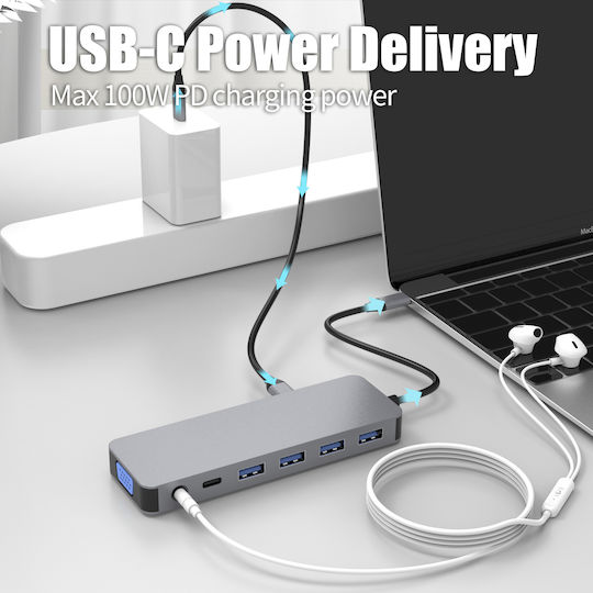 Luvlu USB-C Docking Station με HDMI 4K PD Ethernet και σύνδεση 2 Οθονών Γκρι