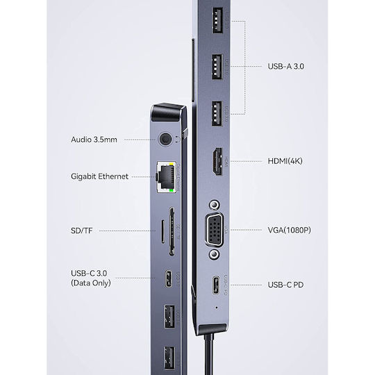 USB C Hub Док / USB-C Докинг станция с HDMI 4K PD Ethernet и свързване 2 монитора Сребрист