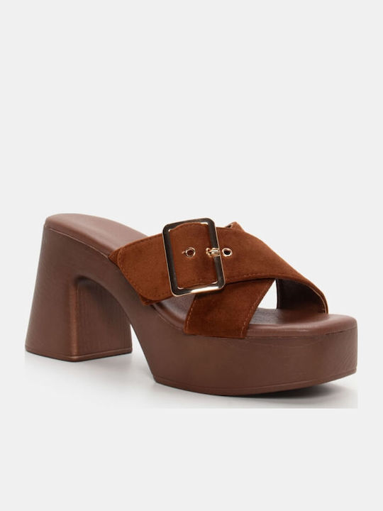 Women's Mules with Chunky High Heel in Brown Color