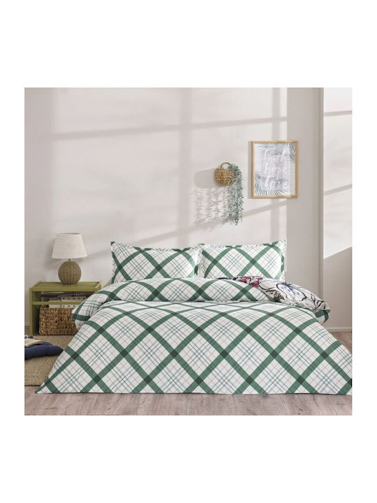 Tac Set Husă de Pilotă Bumbac Dublă cu 2 Fețe de Pernă & 1 Cearsaf 200x220 Greeny Green