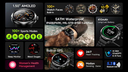 Ulefone Armor Watch Pro 48mm με Παλμογράφο (Μαύρο - M/L)