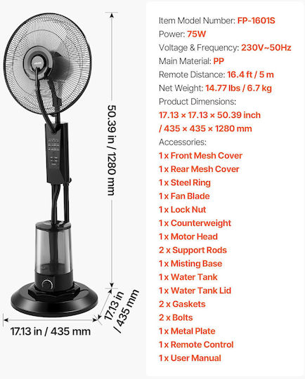 Vevor Vevor Misting Fan 75W with Remote Control Black