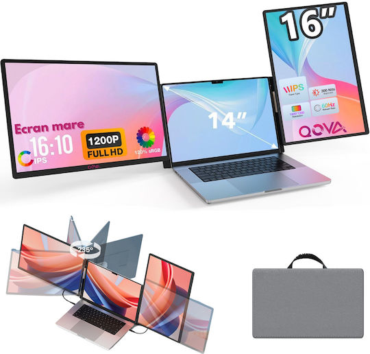 Monitor Portabil Extensibil Laptop Qova 16 Inch Extensie Ecran Dual Ips 1920x1200 Srgb 120% Ecran Mare 16:10 Compatibil Laptopuri 11.6"-17.3" Pliabil Compatibil Ios Android Windows Mac Usb-c Hdmi Port Plug Play