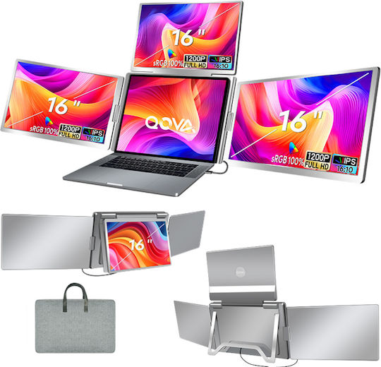 Monitor Portabil Extensibil Triplu Laptop Qova Ecran Quad 16 Inch 3 Ips 16:10 Ecrane Full Hd 1200p Pliabil Rotativ 360° Compatibil Windows Macbook Suport Reglabil Compatibil Laptopuri 12"-18,5" Srgb 100% Geantă Inclusă
