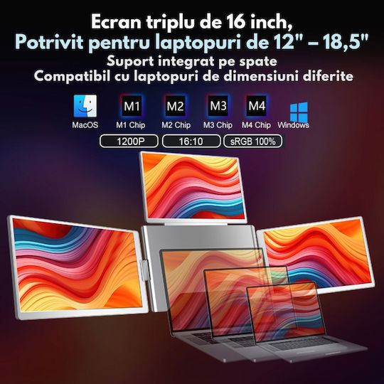 Monitor Portabil Extensibil Triplu Laptop Qova Ecran Quad 16 Inch 3 Ips 16:10 Ecrane Full Hd 1200p Pliabil Rotativ 360° Compatibil Windows Macbook Suport Reglabil Compatibil Laptopuri 12"-18,5" Srgb 100% Geantă Inclusă