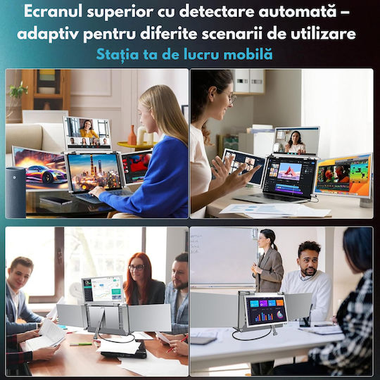Monitor Portabil Extensibil Pentru Laptop Qova Ecran Quad 14 Inch 3 Ecrane Ips Full Hd 1080p Pliabil Rotativ 360° Compatibil Windows Macbook Suport Reglabil Compatibil Laptopuri 13.6" 17.3" Reglare Luminozitate Geantă