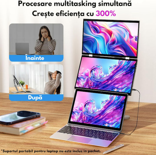 Monitor Portabil Pliabil Dual 15,6 Inch Fhd Laptop Extensor Ecran 1080p Qova Rotire 360° Usb-c Ecran Extensibil Laptop Încărcare Rapidă 65w Moduri Vertical Orizontal Compatibil Windows Mac Android Plug Play 100% Srgb